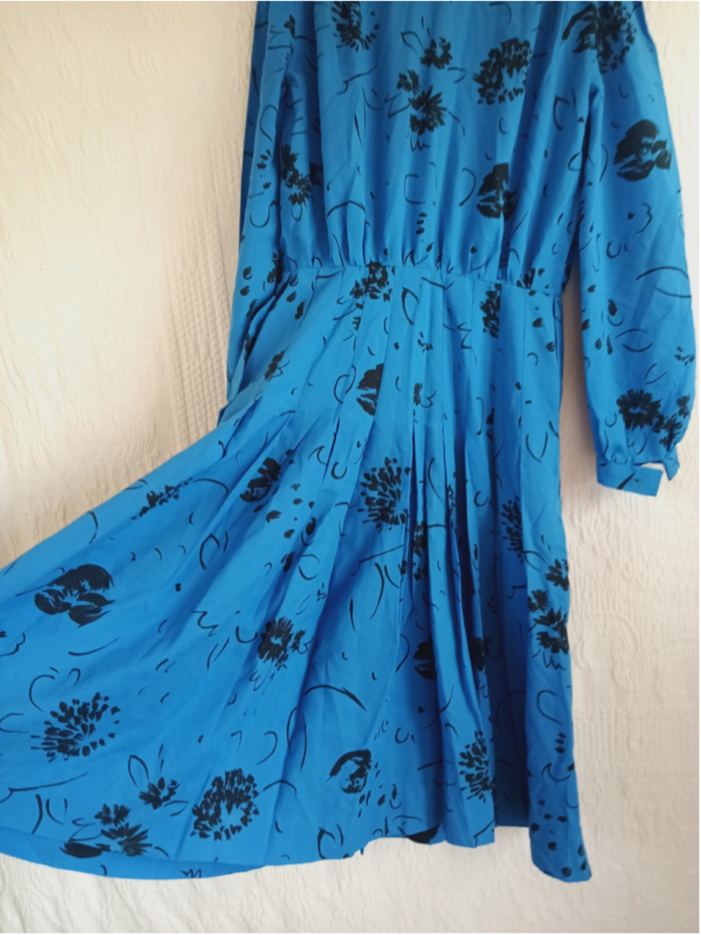 80s Button down Midi shirt Dress electric Blue Black floral vintage secretary M - Picture 16 of 16